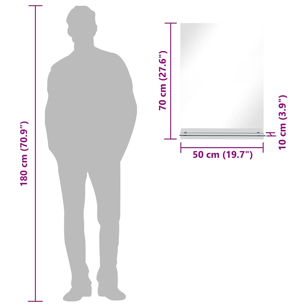 249440 vidaXL Wall Mirror with Shelf 50x70 cm Tempered Glass
