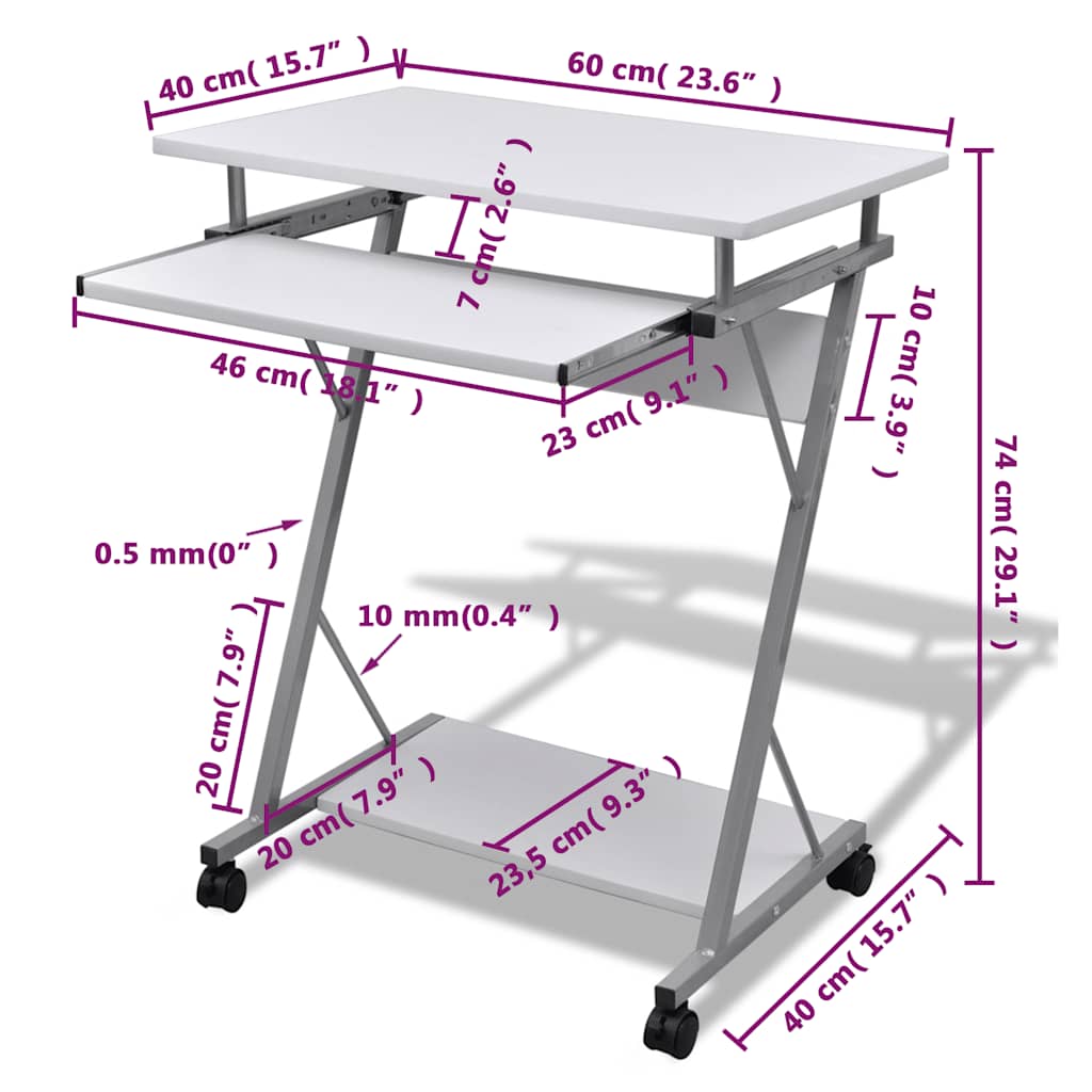 20053 vidaXL Compact Computer Desk with Pull-out Keyboard Tray White
