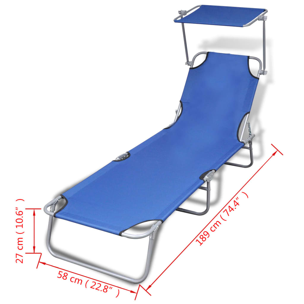 41196 vidaXL Folding Sun Lounger with Canopy Steel and Fabric Blue