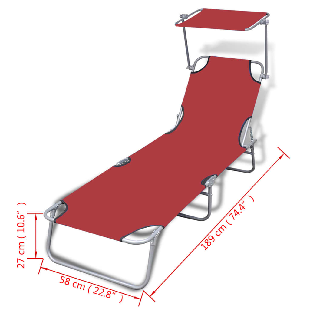 41198 vidaXL Folding Sun Lounger with Canopy Steel and Fabric Red