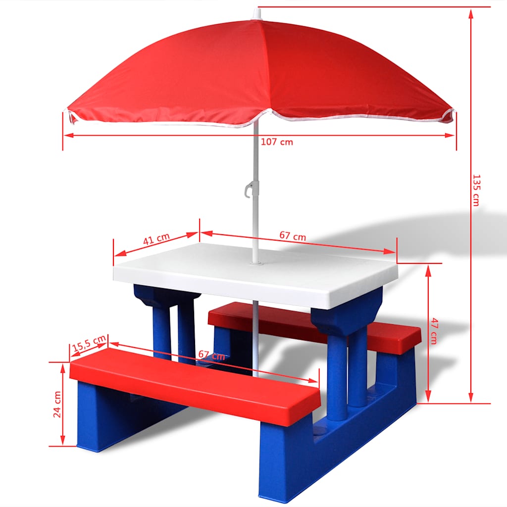 41455 vidaXL Kids'Picnic Table with Benches and Parasol Multicolour