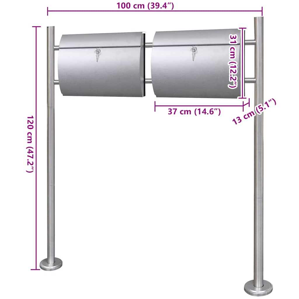Double Mailbox on Stand Stainless Steel