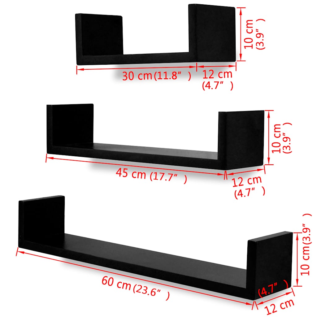 242175 3 Black MDF U-shaped Floating Wall Display Shelves Book/DVD Storage