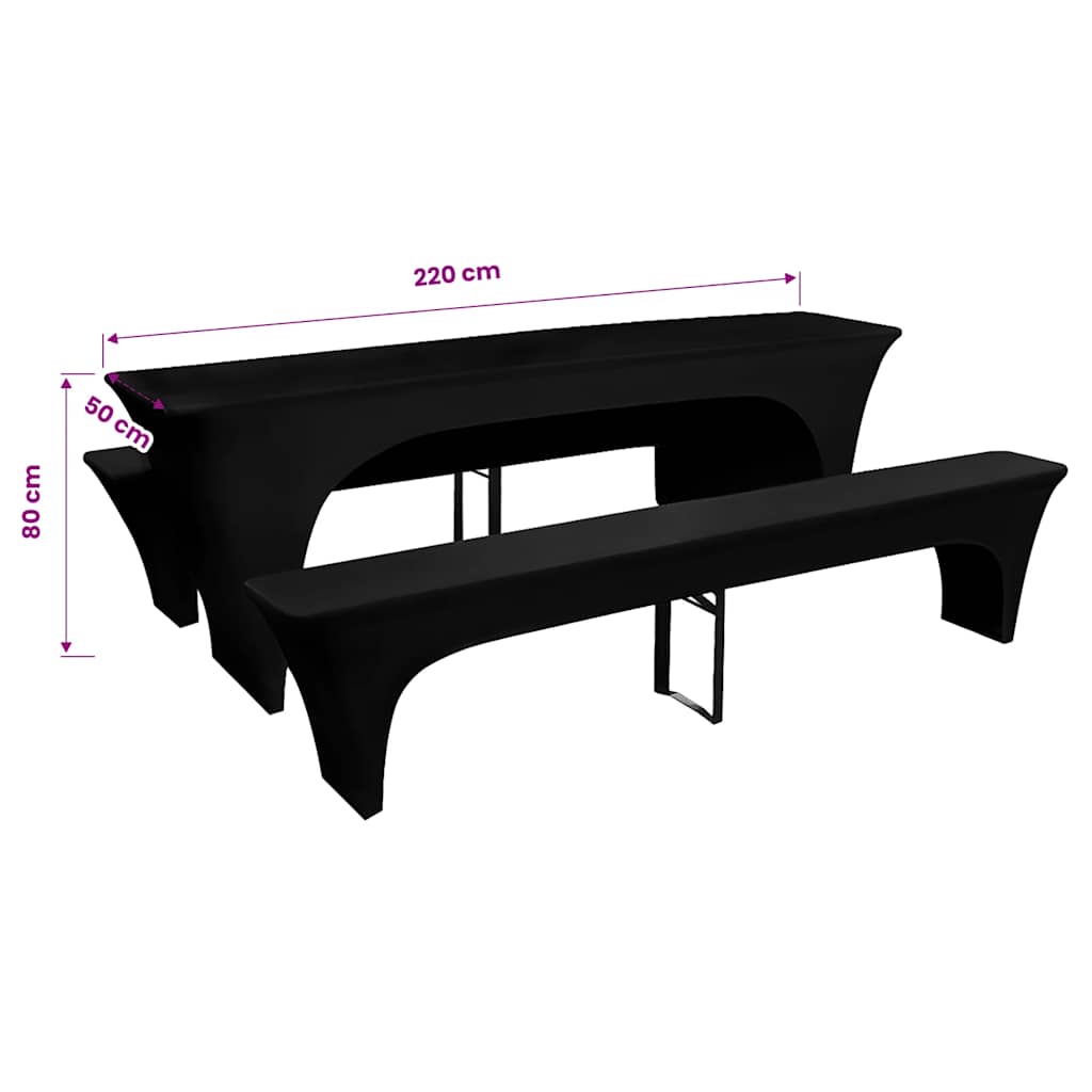 3 Slipcovers for Beer Table and Benches Stretch Black 220 x 50 x 80 cm