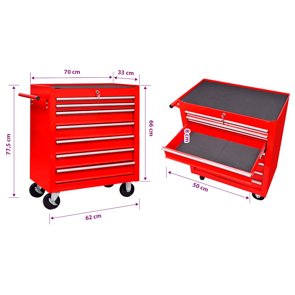 Workshop Tool Trolley 7 Drawers Red