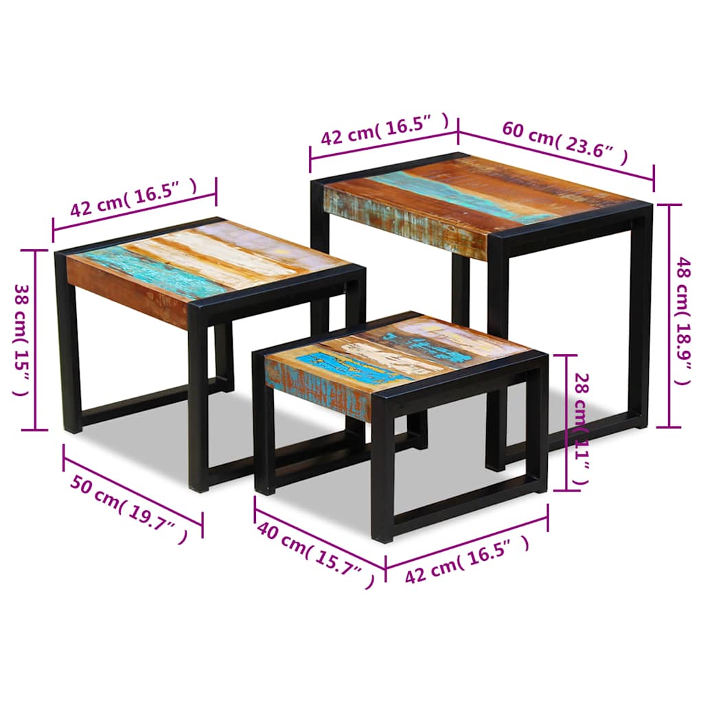 243279 vidaXL Three Piece Nesting Tables Solid Reclaimed Wood