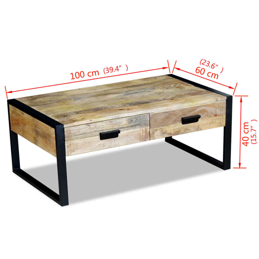 243297 vidaXL Coffee Table with 2 Drawers Solid Mango Wood 100x60x40 cm