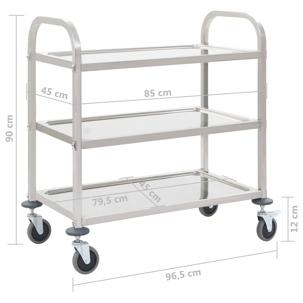 50914 vidaXL 3-Tier Kitchen Trolley 96,5x55x90 cm Stainless Steel