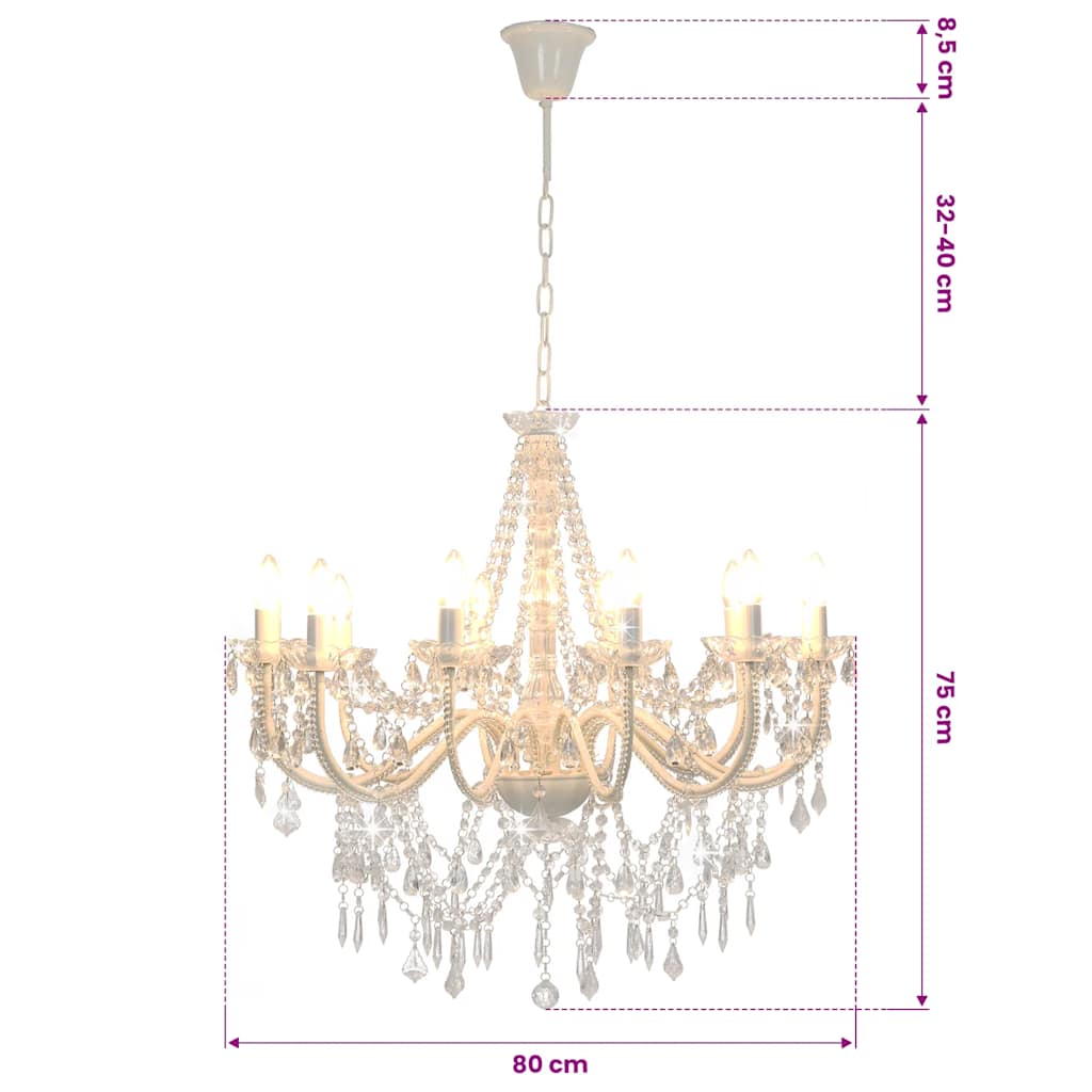 Chandelier with Beads White 12 x E14 Bulbs