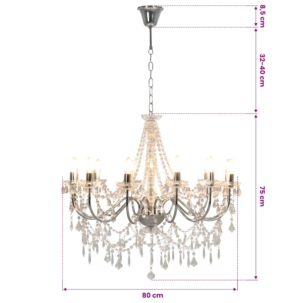 Chandelier with Beads Silver 12 x E14 Bulbs