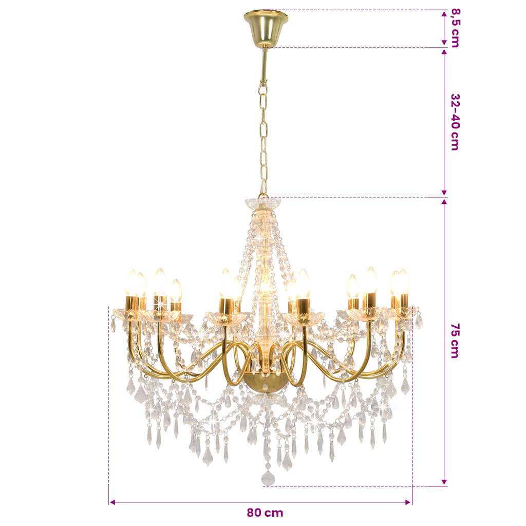 Chandelier with Beads Golden 12 x E14 Bulbs
