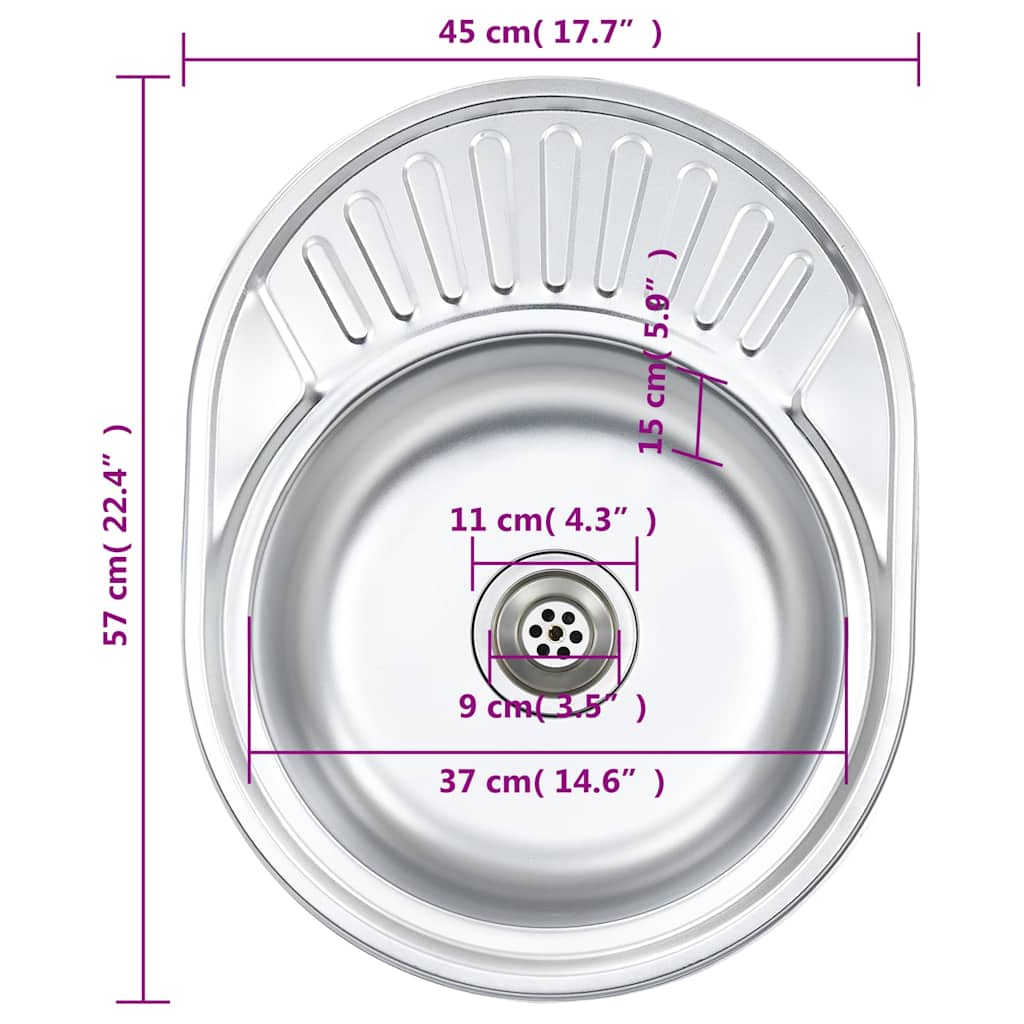 145072 vidaXL Kitchen Sink with Strainer and Trap Oval Stainless Steel
