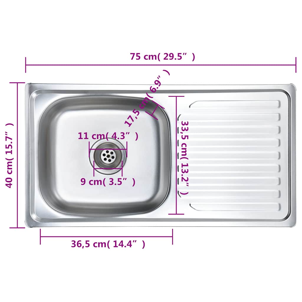 145073 vidaXL Kitchen Sink with Strainer and Trap Stainless Steel