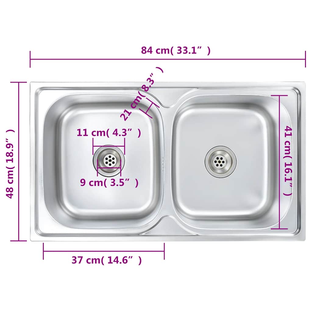 145074 vidaXL Kitchen Sink Double Basin with Strainer & Trap Stainless Steel