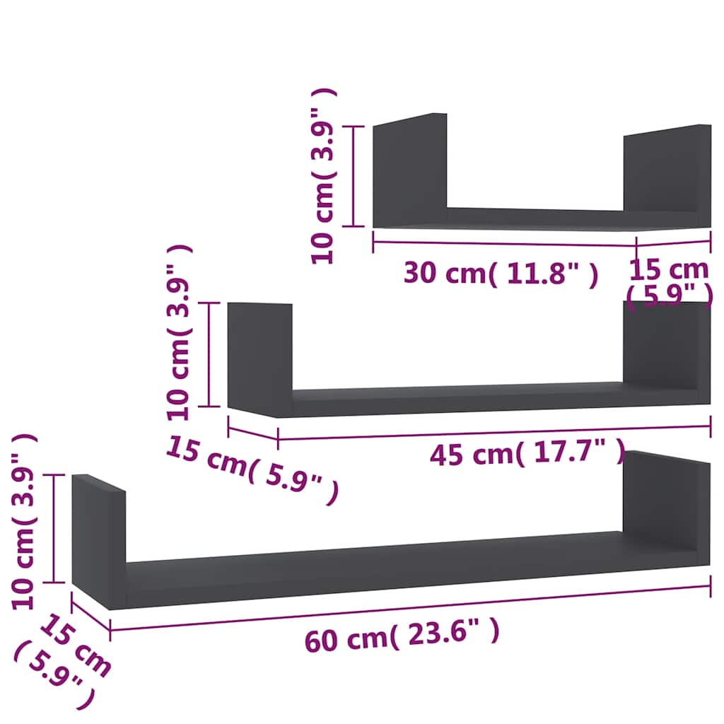800200 vidaXL Wall Display Shelf 3 pcs Grey Engineered Wood
