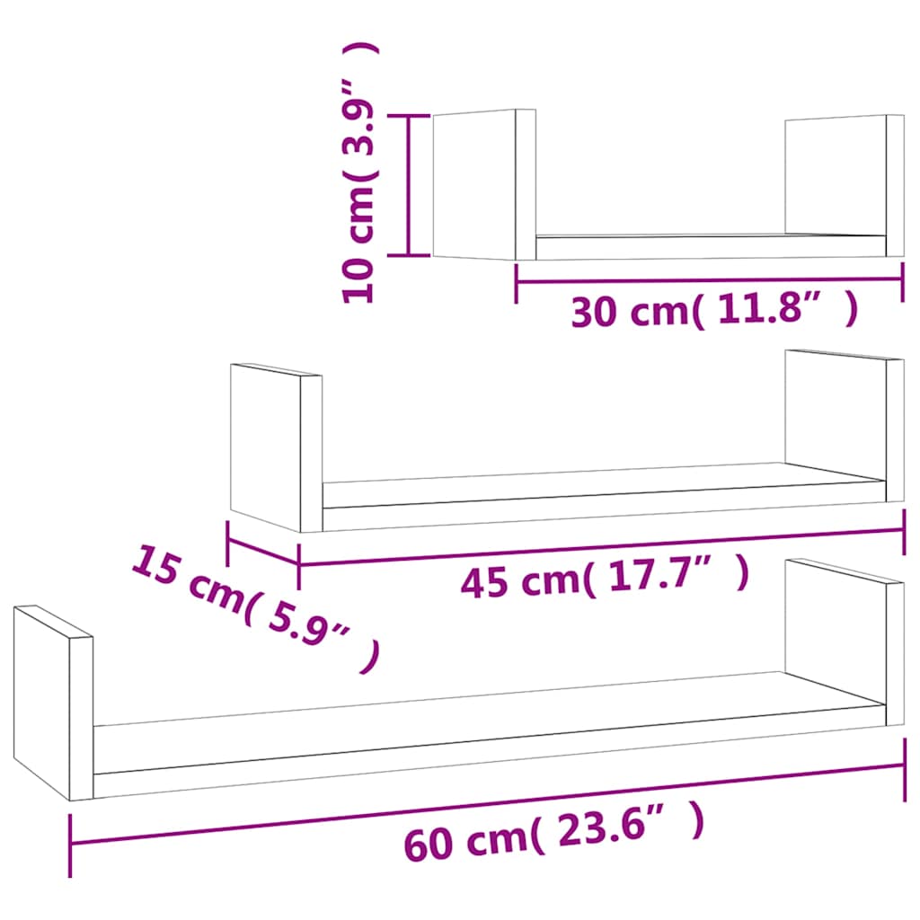 800201 vidaXL Wall Display Shelf 3 pcs Sonoma Oak Engineered Wood
