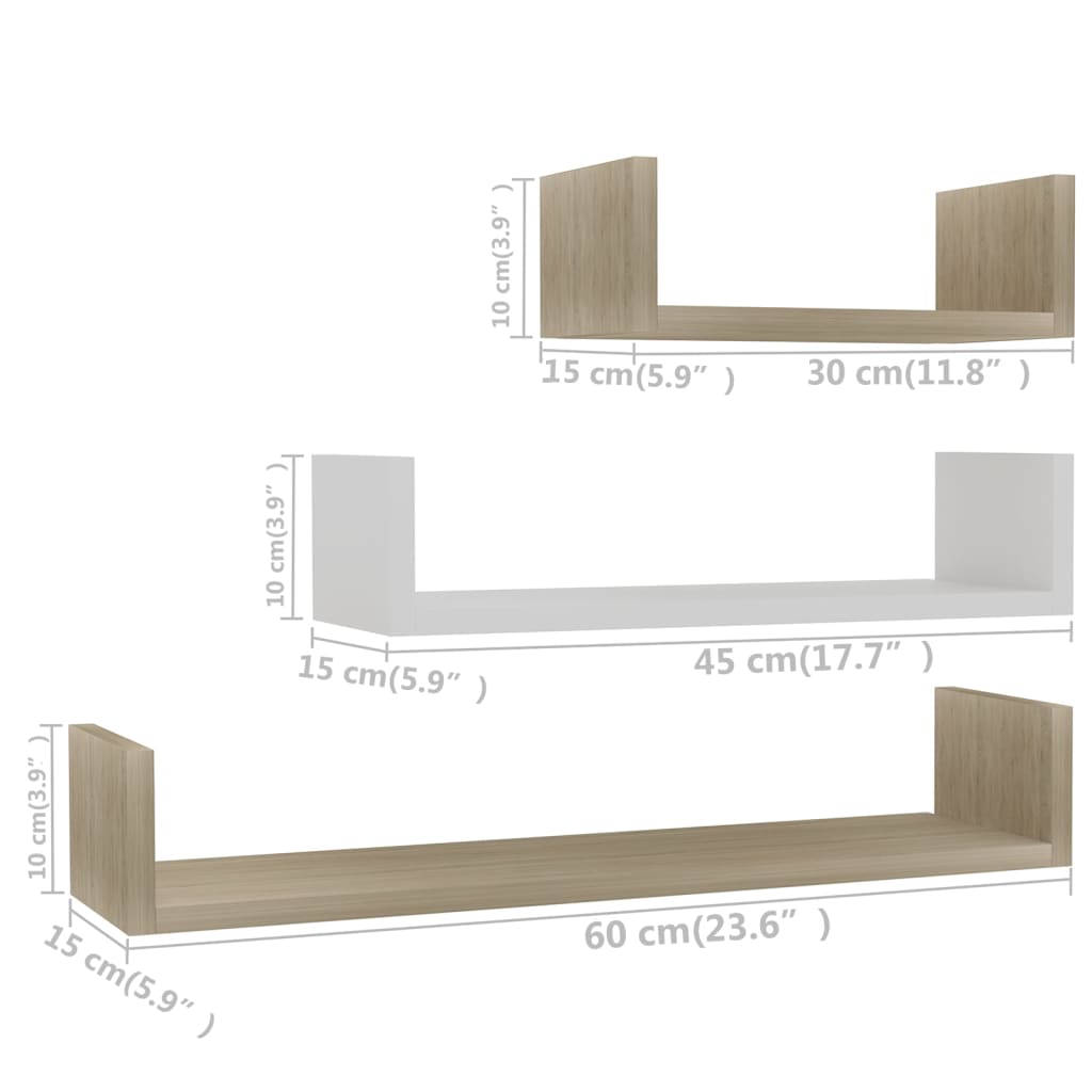 800203 vidaXL Wall Display Shelf 3 pcs White and Sonoma Oak Engineered Wood