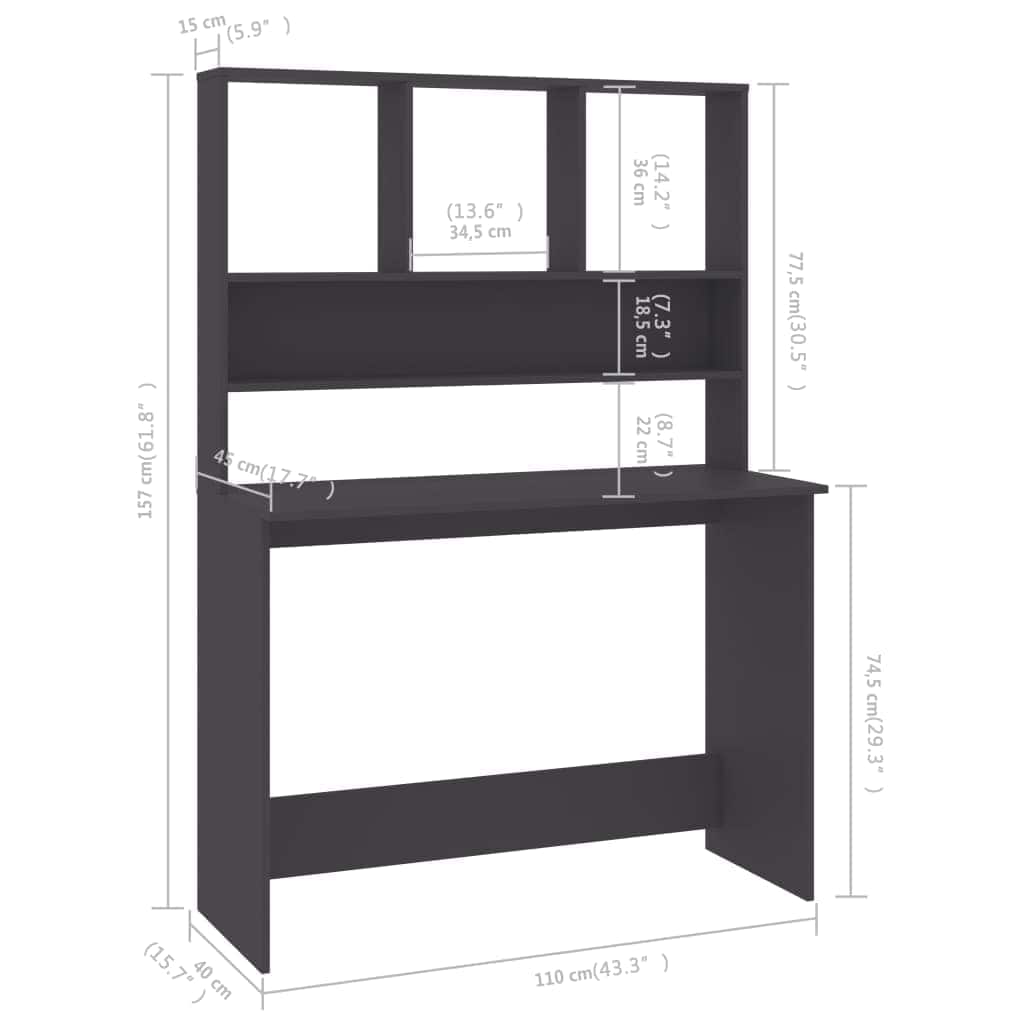 800389 vidaXL Desk with Shelves Grey 110x45x157 cm Engineered Wood