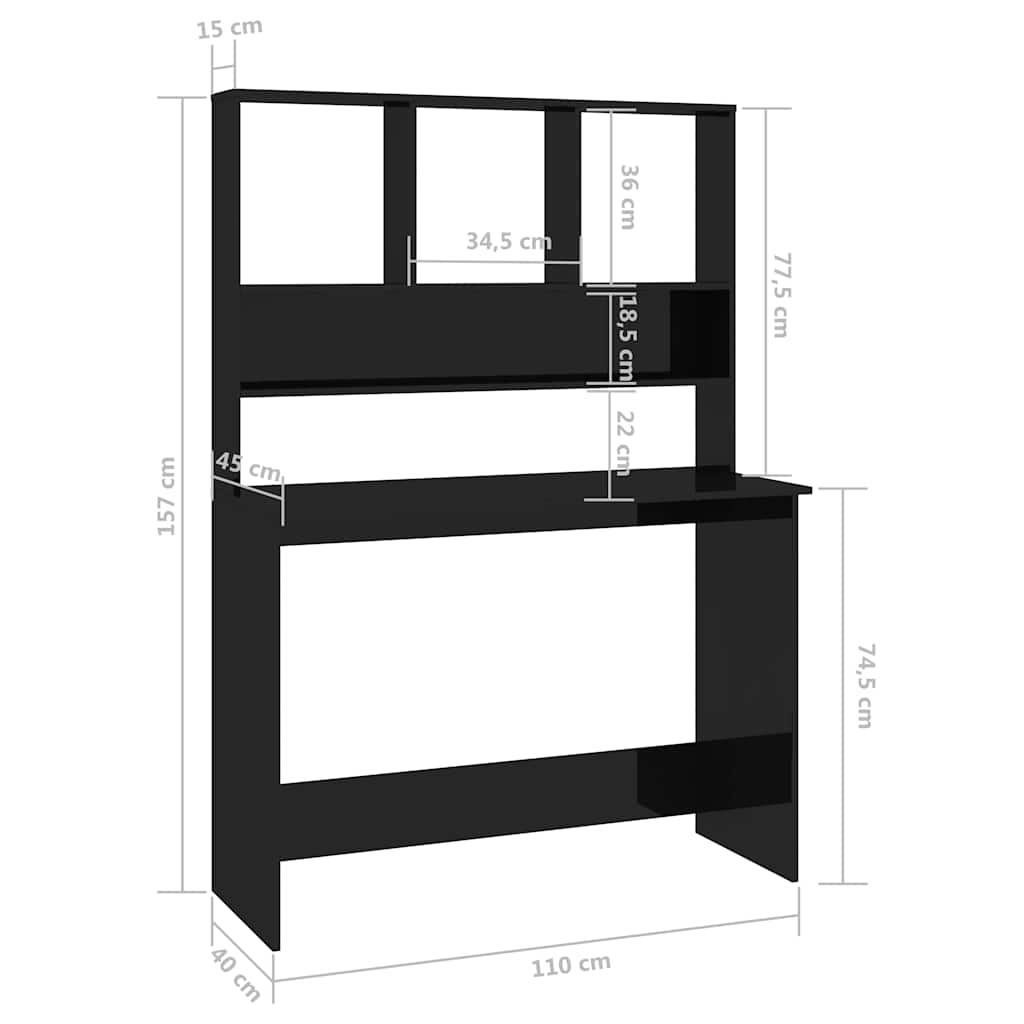 800394 vidaXL Desk with Shelves High Gloss Black 110x45x157 cm Engineered Wood