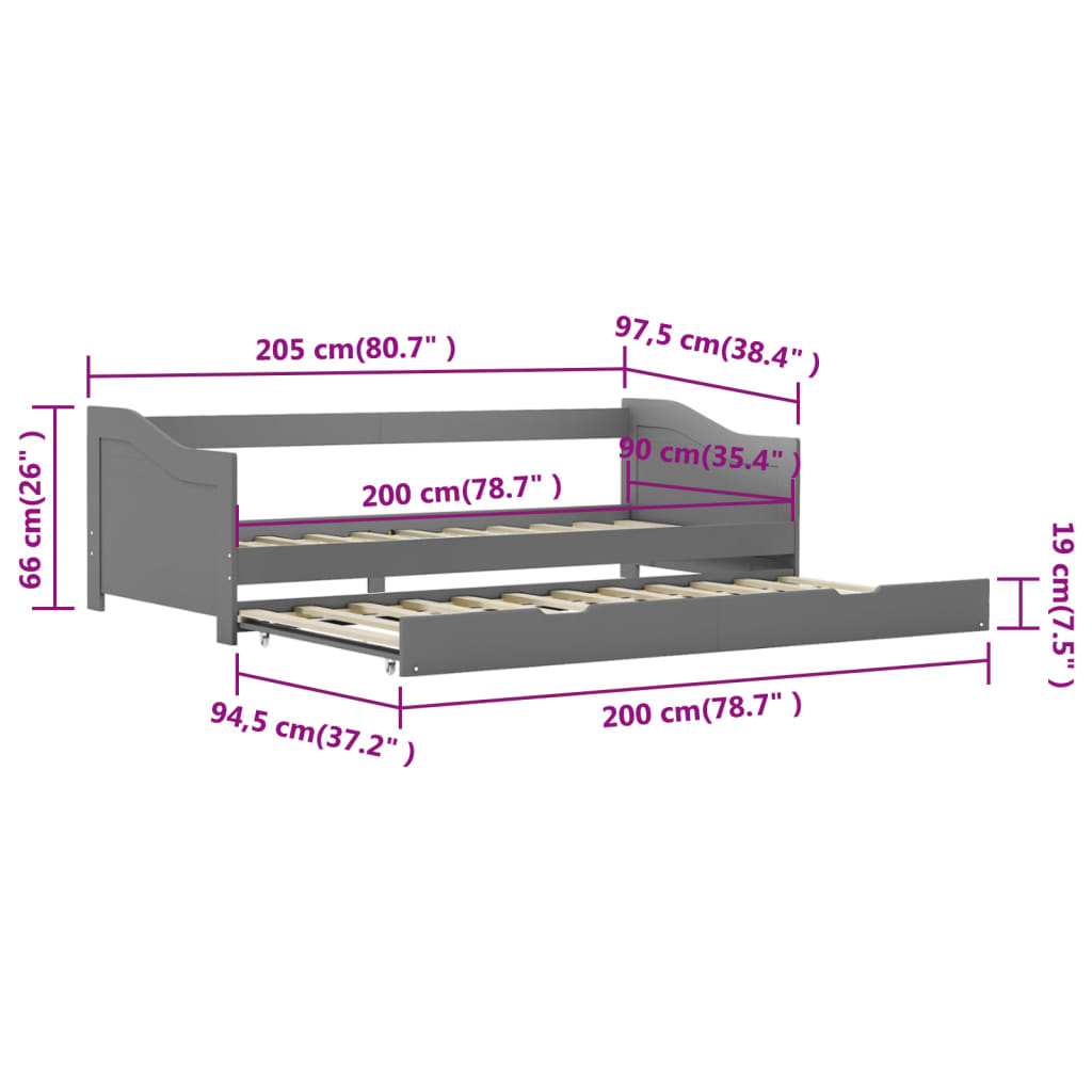 Pull-out Sofa Bed Frame without Mattress Grey 90x200 cm