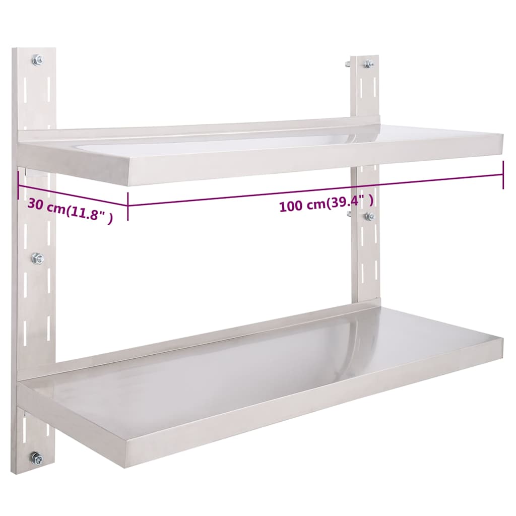 51047 vidaXL 2-Tier Floating Wall Shelf Stainless Steel 100x30 cm