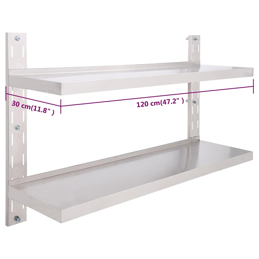 51048 vidaXL 2-Tier Floating Wall Shelf Stainless Steel 120x30 cm