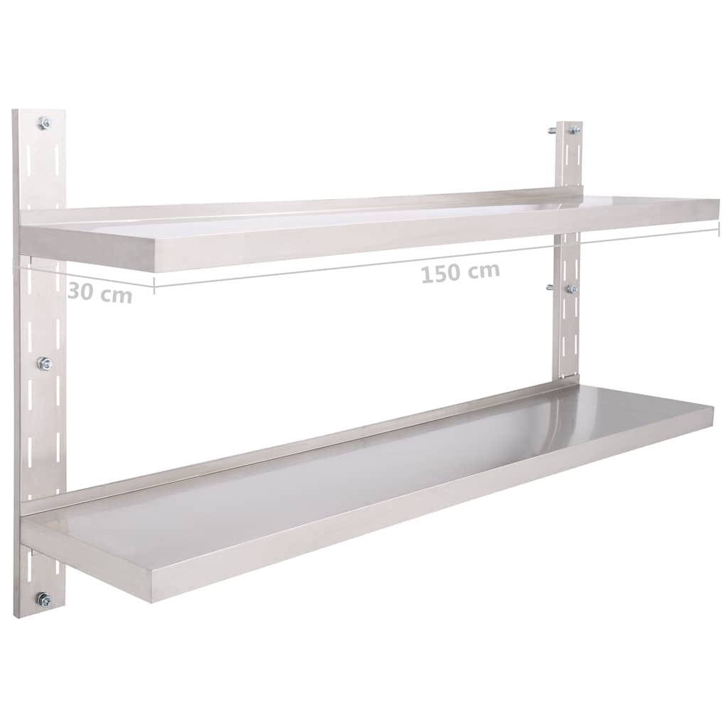 51049 vidaXL 2-Tier Floating Wall Shelf Stainless Steel 150x30 cm