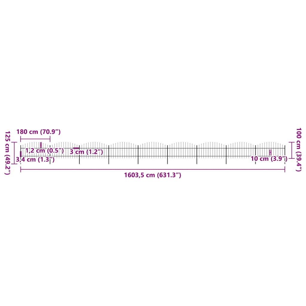 Garden Fence with Spear Top Steel 1603.5x125 cm Black