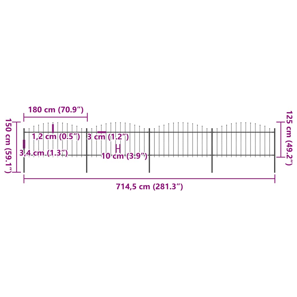 Garden Fence with Spear Top Steel 714.5x150 cm Black
