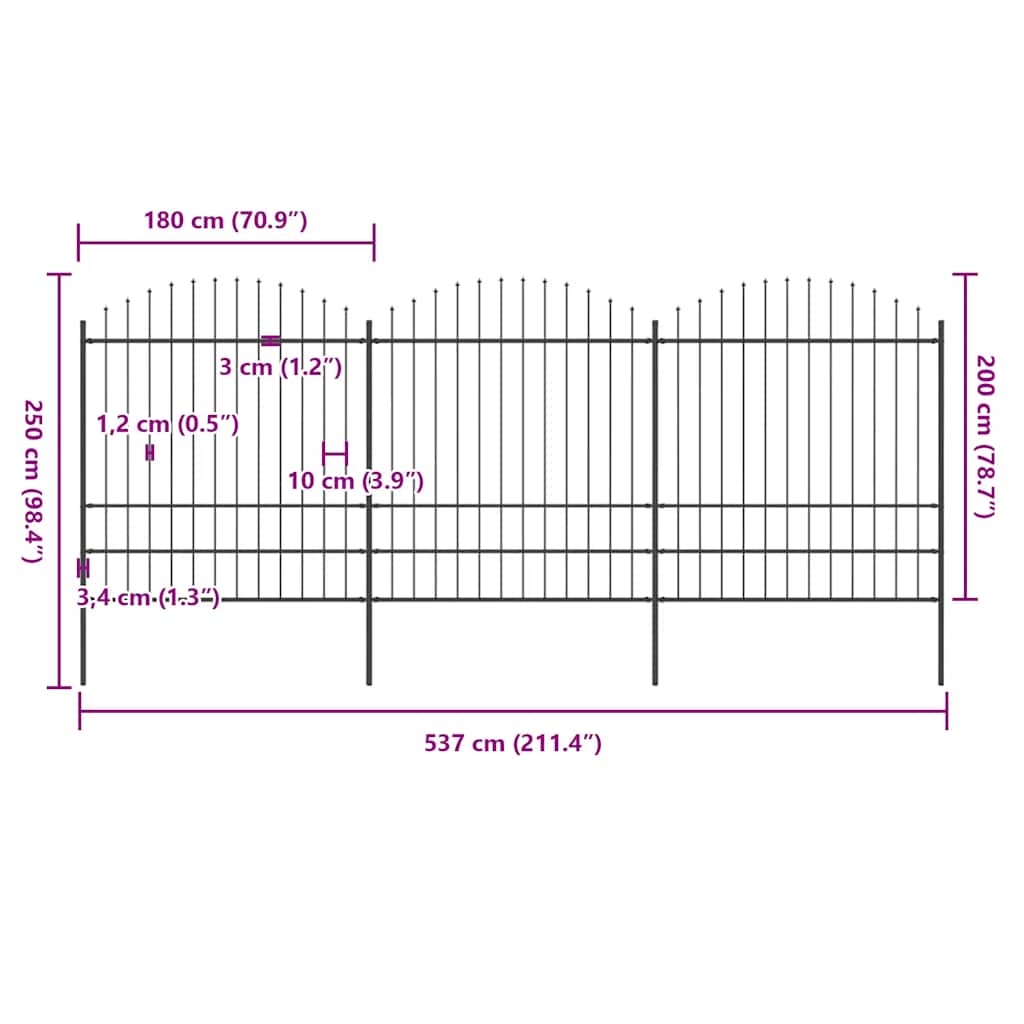 Garden Fence with Spear Top Steel 537x200 cm Black