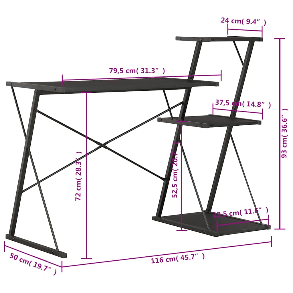 20288 vidaXL Desk with Shelf Black 116x50x93 cm