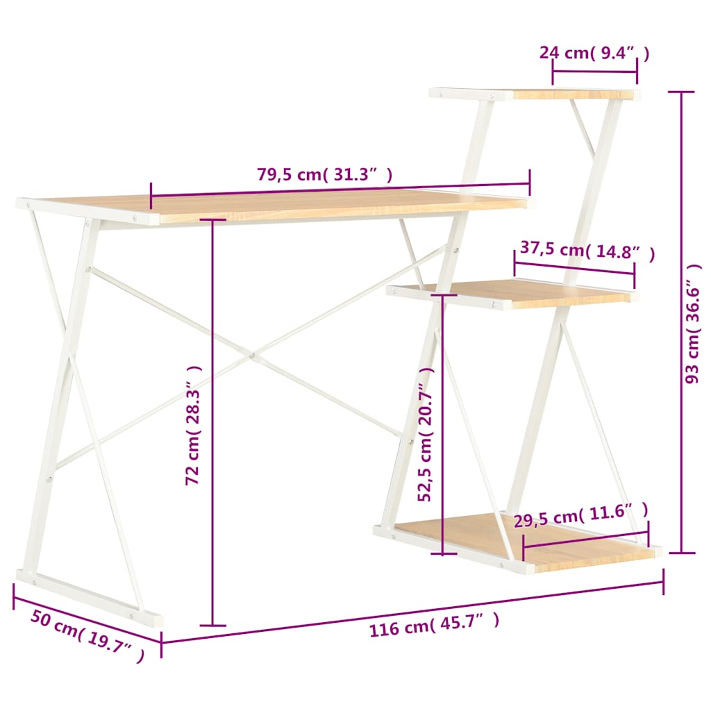 20291 vidaXL Desk with Shelf White and Oak 116x50x93 cm