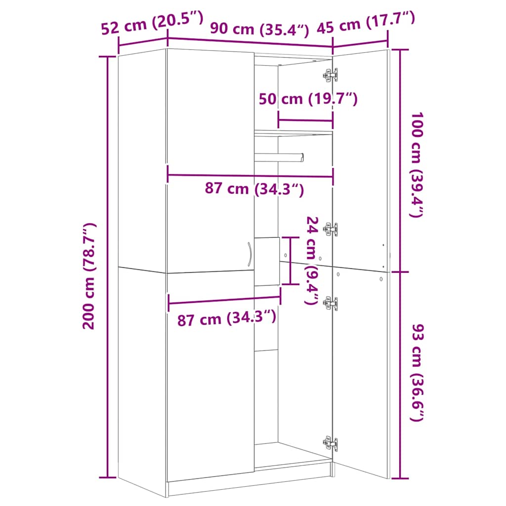 800634 vidaXL Wardrobe Concrete Grey 90x52x200 cm Engineered Wood