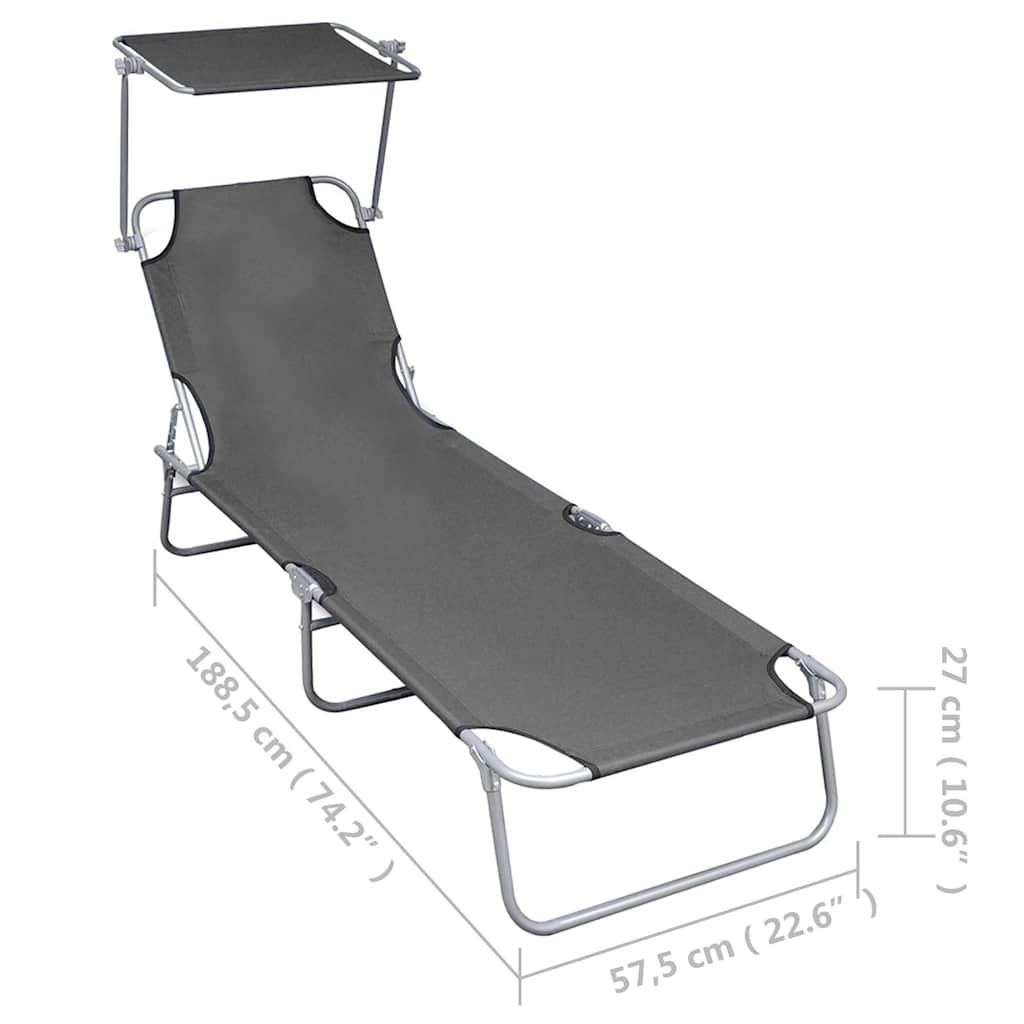 47772 vidaXL Folding Sun Lounger with Canopy Grey Aluminium