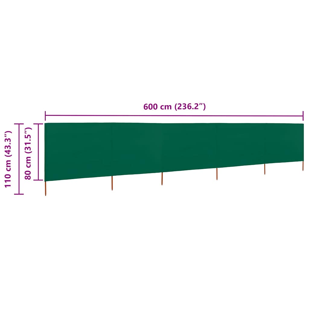 47155 vidaXL 5-panel Wind Screen Fabric 600x80 cm Green