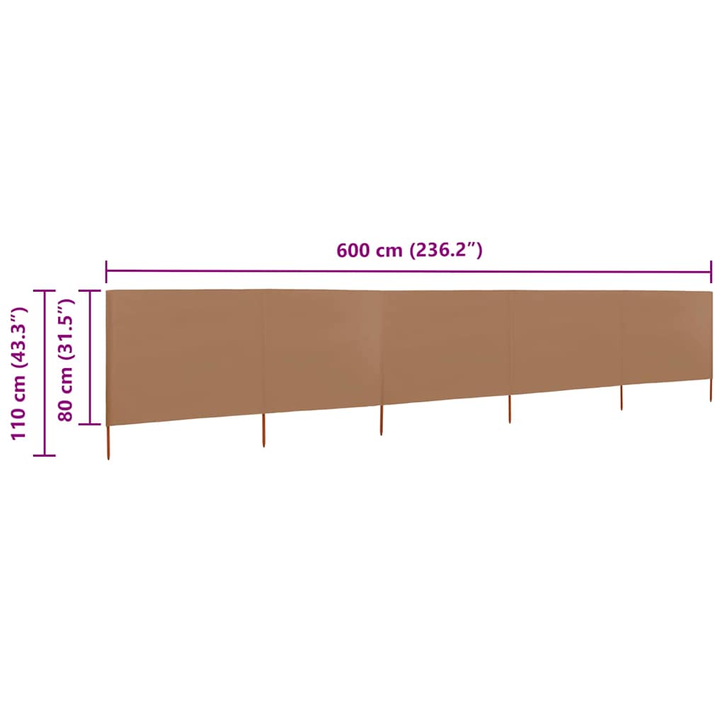 47157 vidaXL 5-panel Wind Screen Fabric 600x80 cm Taupe