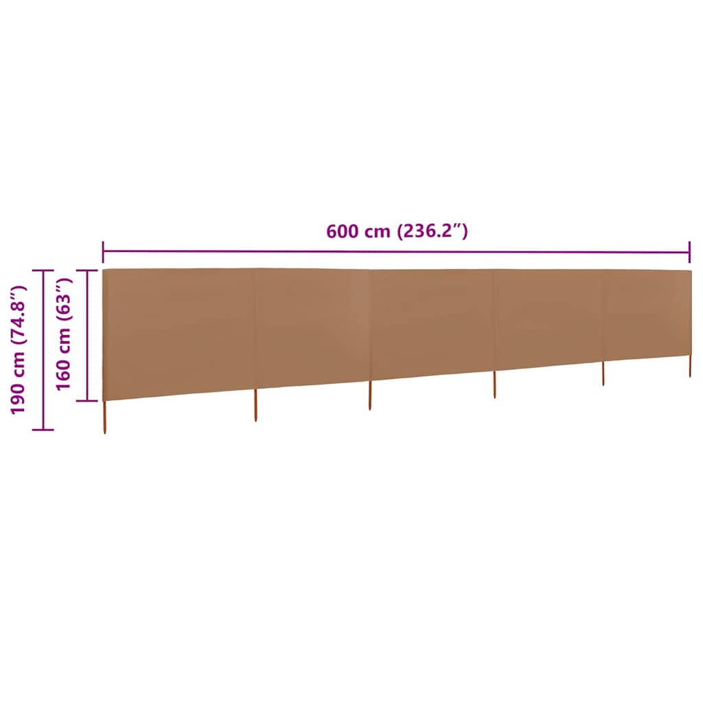 47169 vidaXL 5-panel Wind Screen Fabric 600x160 cm Taupe