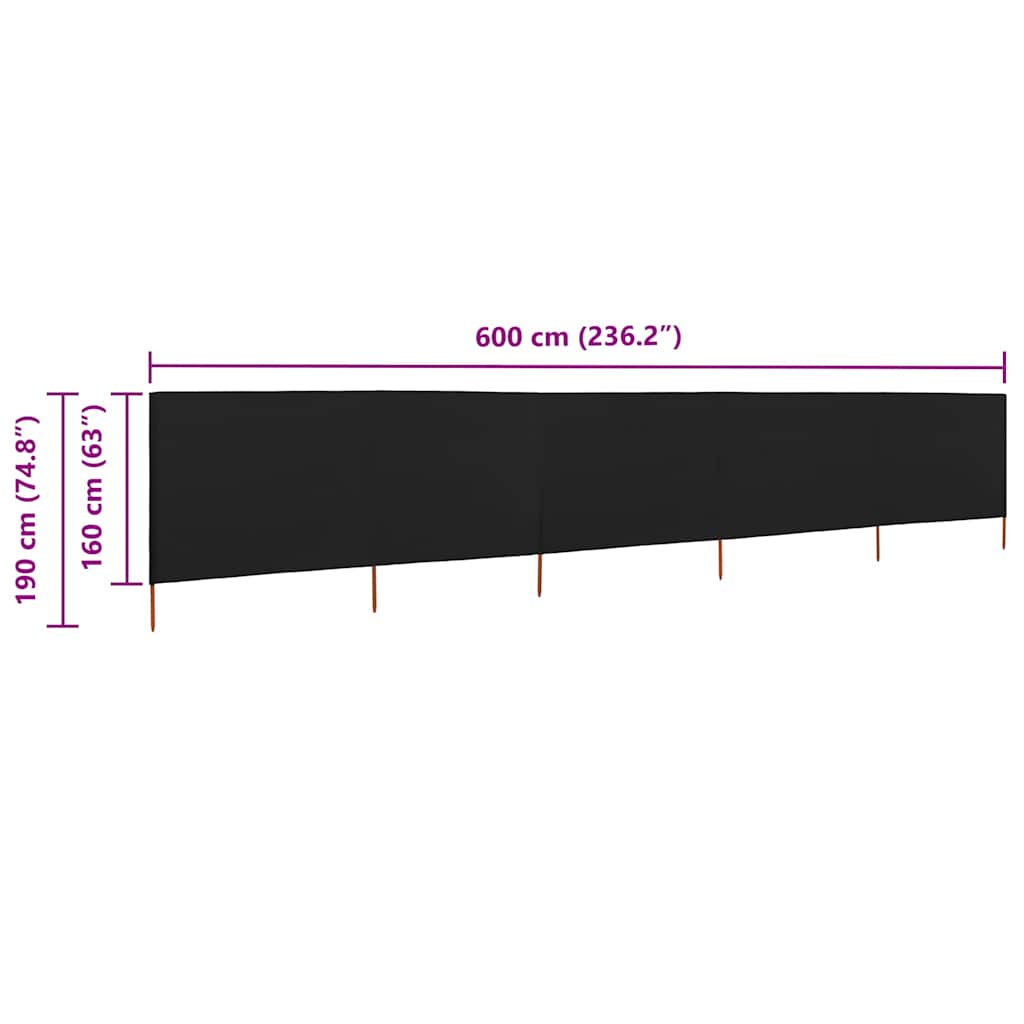 47170 vidaXL 5-panel Wind Screen Fabric 600x160 cm Black