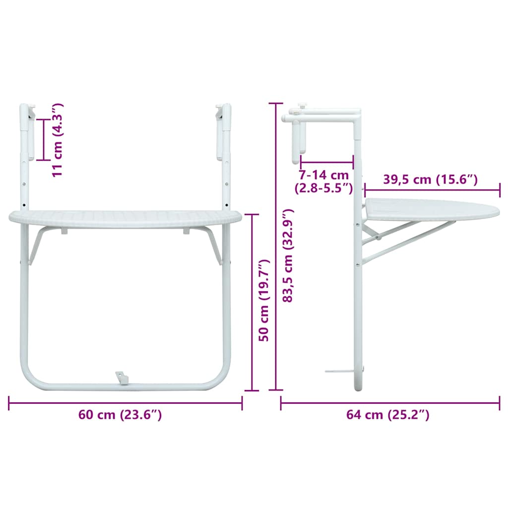 47893 vidaXL Hanging Balcony Table White 60x64x83,5 cm Plastic Rattan Look