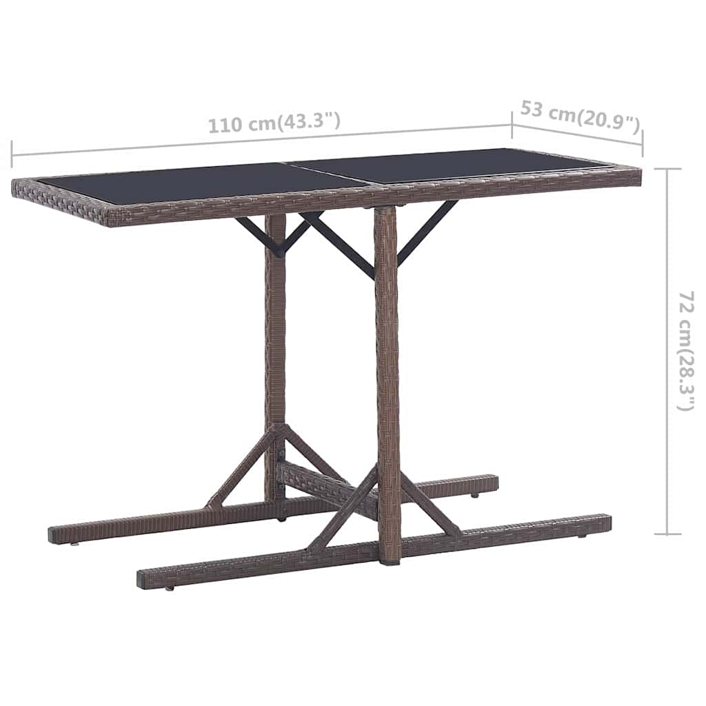 46453 vidaXL Garden Table Brown 110x53x72 cm Glass and Poly Rattan