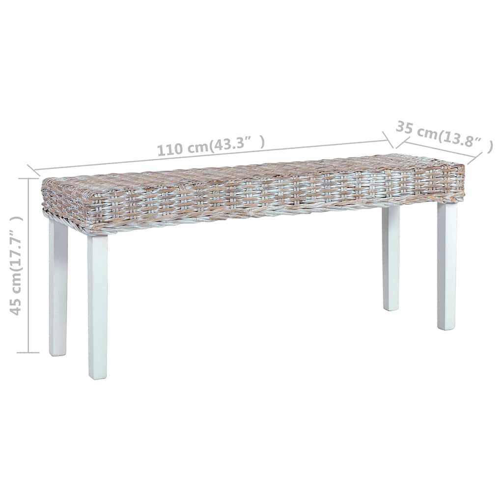 285788 vidaXL Bench 110 cm White Natural Kubu Rattan and Solid Mahogany Wood