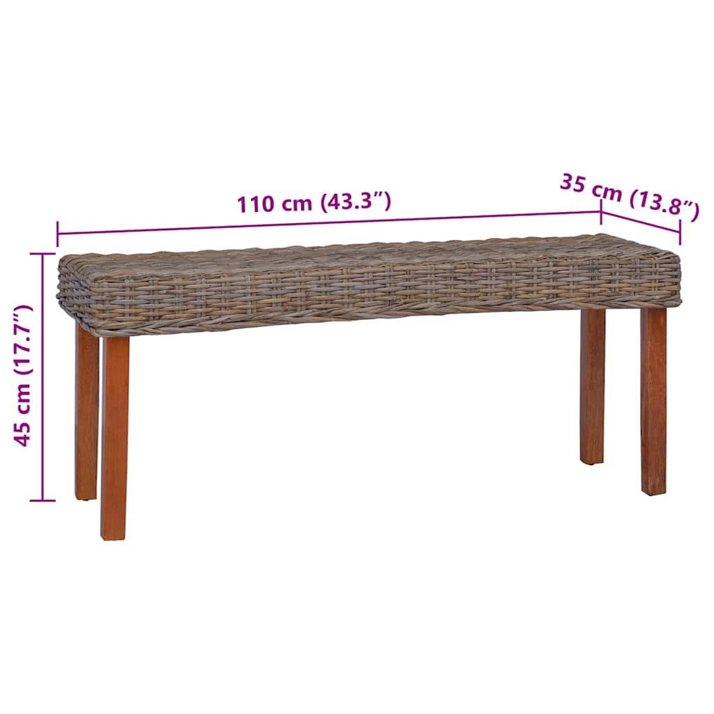 Bench 110 cm Natural Kubu Rattan and Solid Mahogany Wood