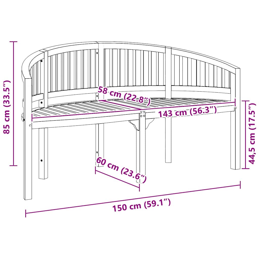 48021 vidaXL Banana Bench 151 cm Solid Teak Wood