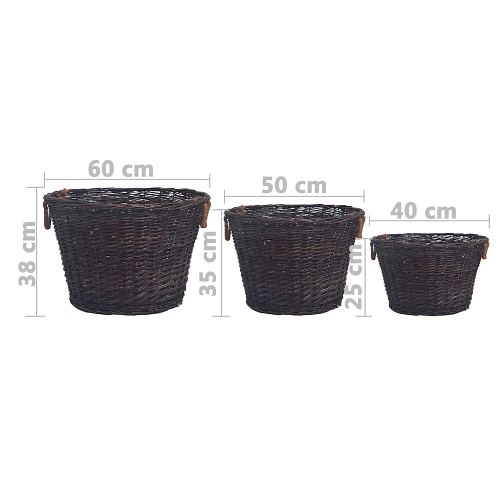 286986 vidaXL 3 Piece Stackable Firewood Basket Set Dark Brown Willow