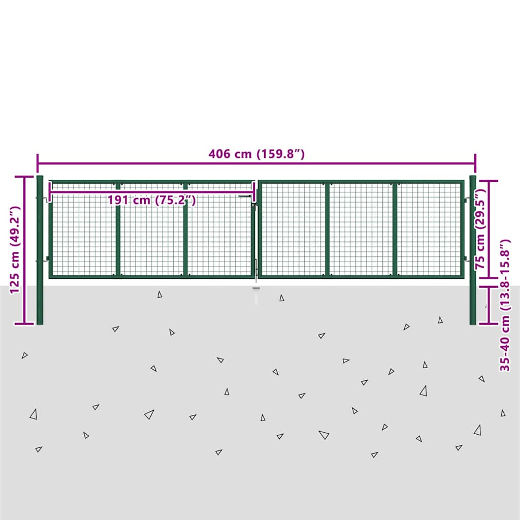 145747 vidaXL Mesh Garden Gate Steel 400x75 cm Green