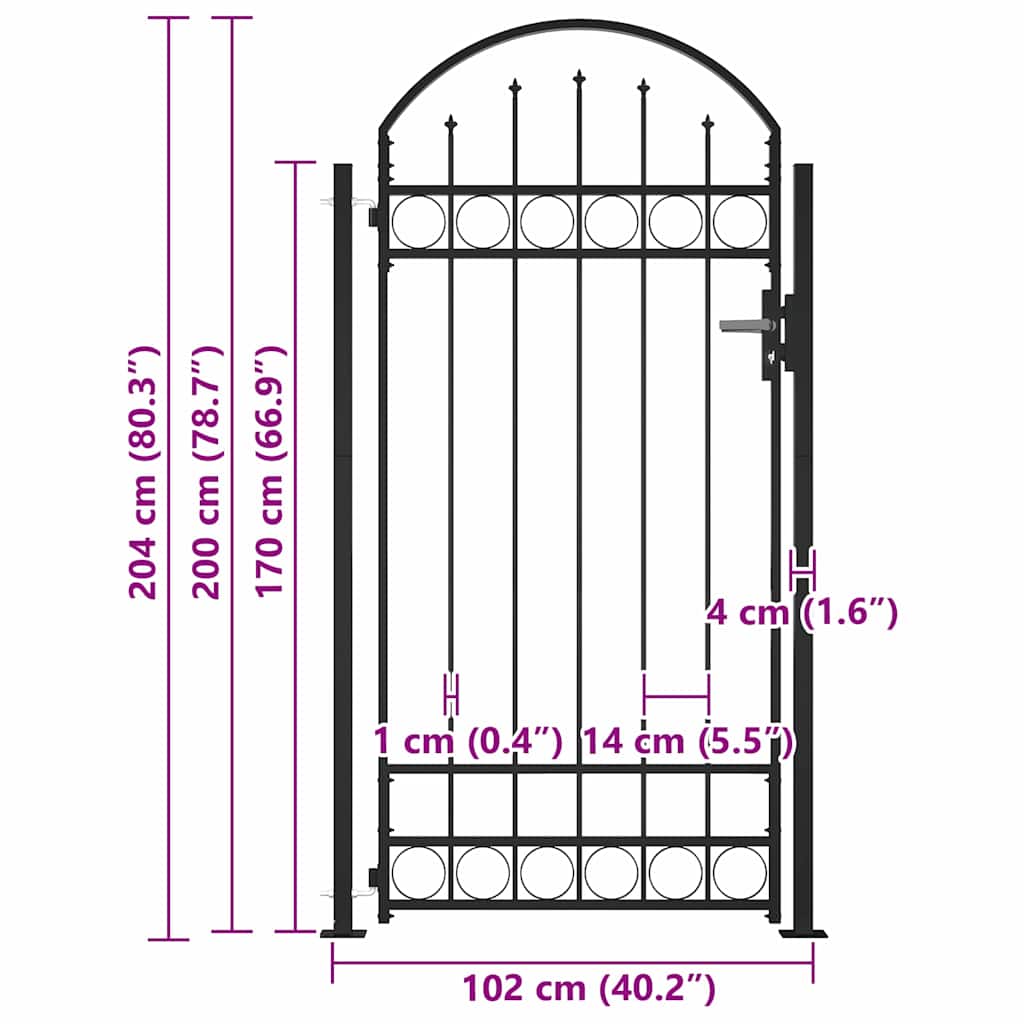 Fence Gate "ASSEN" with Arched Top and 2 Posts 105x170 cm Black