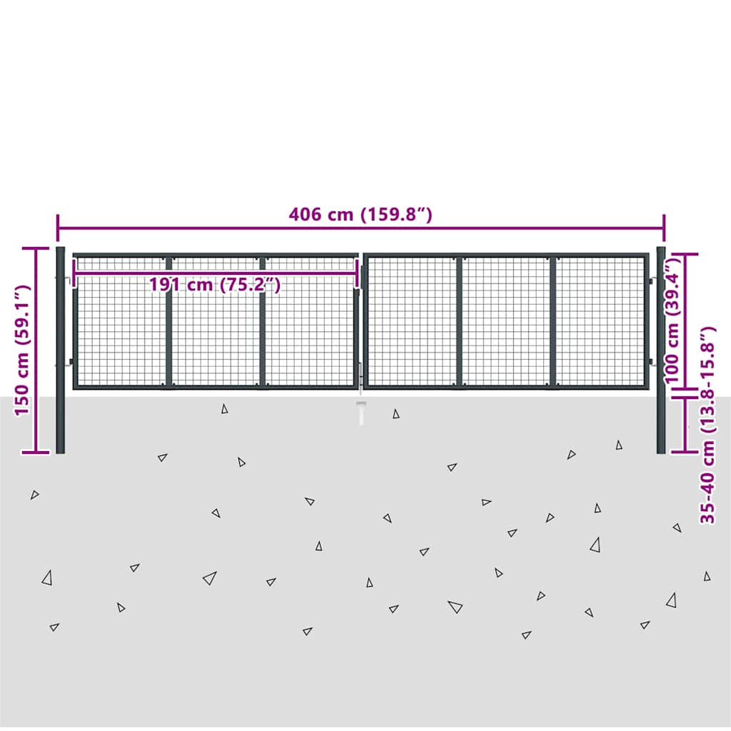 145777 vidaXL Mesh Garden Gate Galvanised Steel 400x100 cm Grey