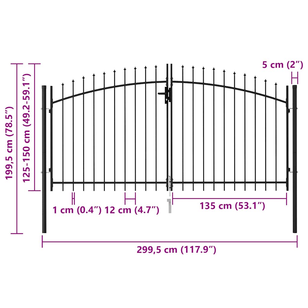 Fence Gate Double Door with Spike Top Steel 299.5x199.5 cm Black