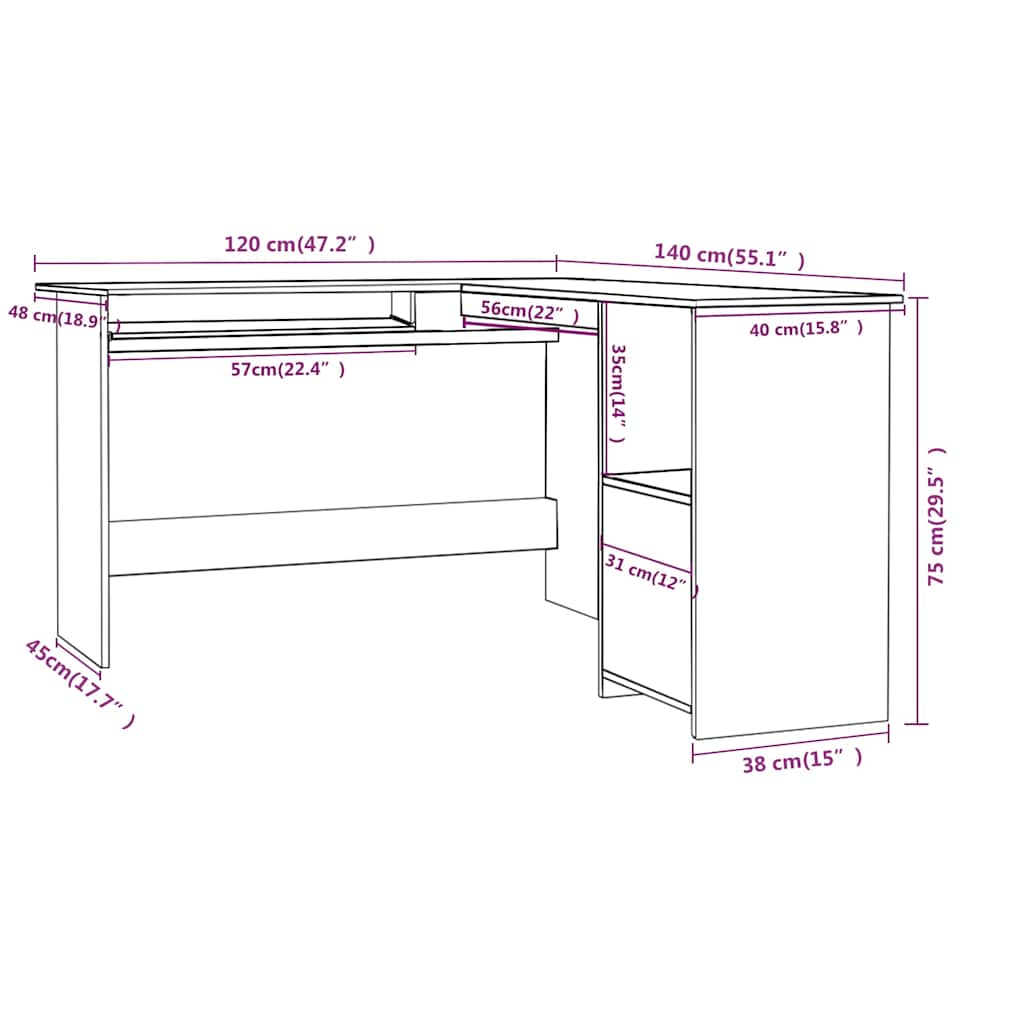 800750 vidaXL L-Shaped Corner Desk Sonoma Oak 120x140x75 cm Engineered Wood