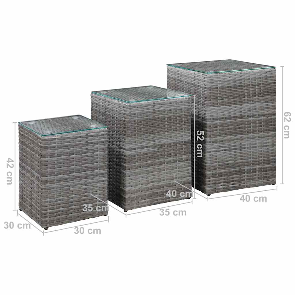 46985 vidaXL Side Tables 3 pcs with Glass Top Grey Poly Rattan